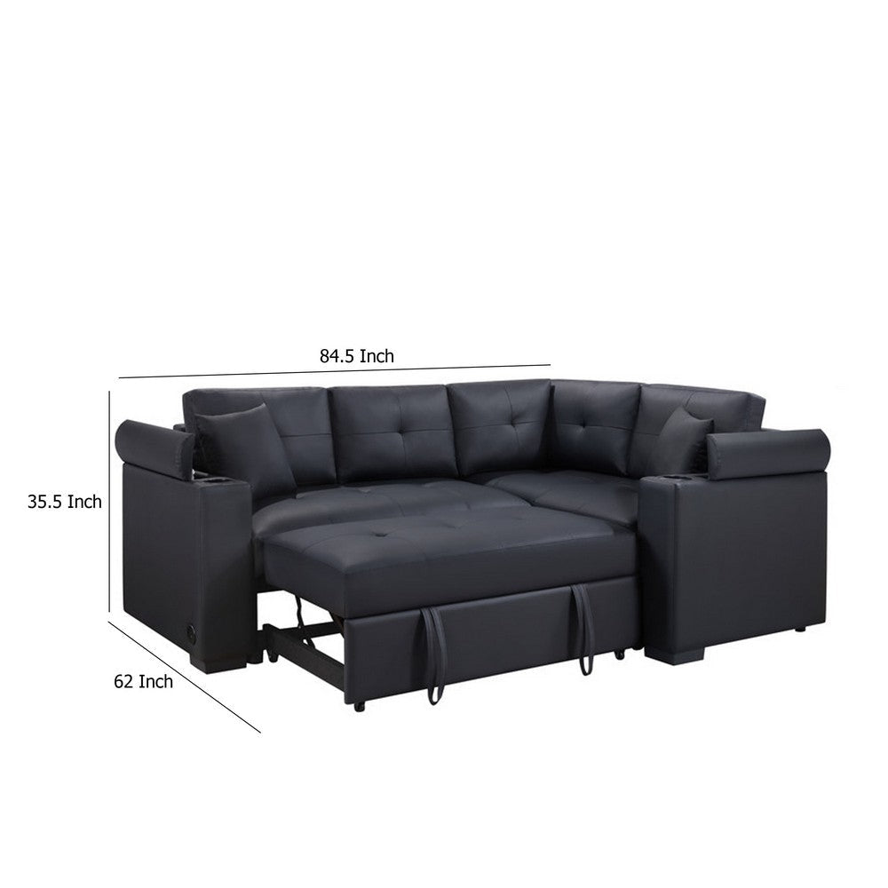 Nov Sectional Sleeper Sofa | 2 Pillows | USB Charge Black Faux Leather BM334765