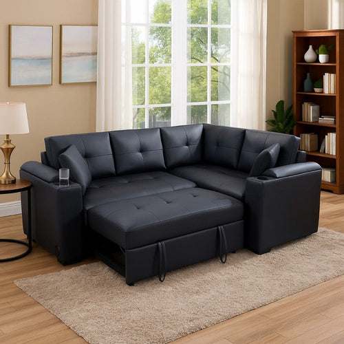 Nov Sectional Sleeper Sofa | 2 Pillows | USB Charge Black Faux Leather