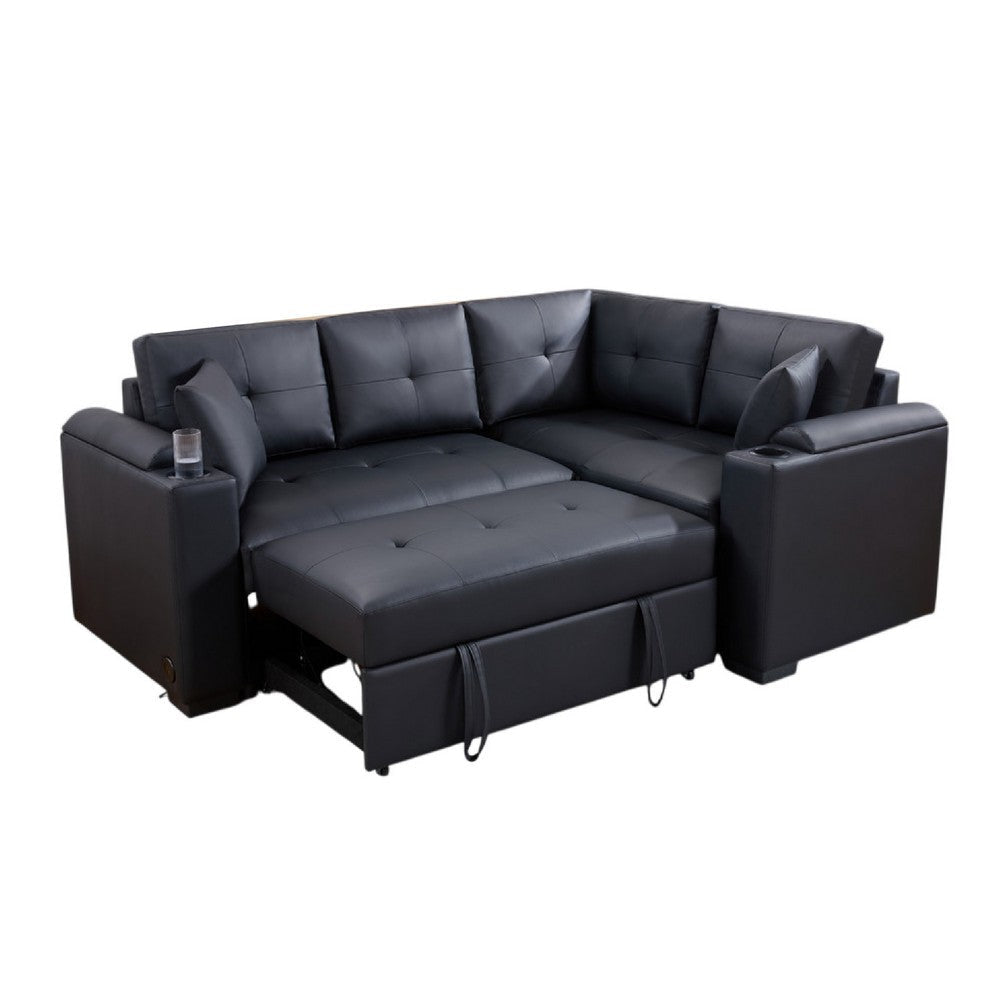 Nov Sectional Sleeper Sofa | 2 Pillows | USB Charge Black Faux Leather