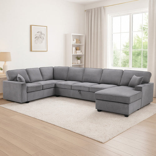 Sary 137" Sectional Sofa w Chaise Set | 2 Throw Pillows, Gray Chenille