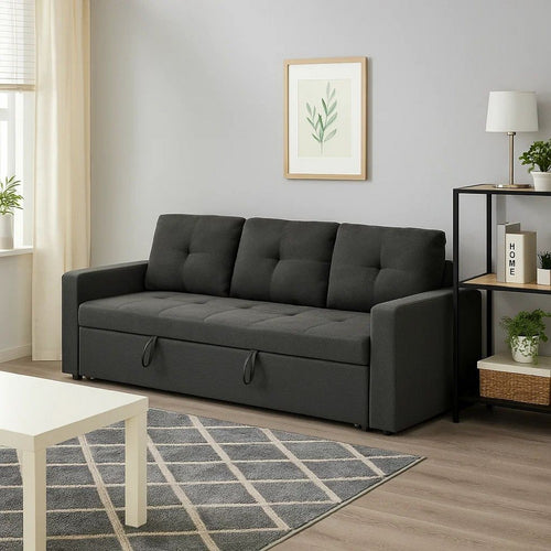 Biry Pull Out Sleeper Sofa Bed | Tufted Cushions | Dark Gray Fabric