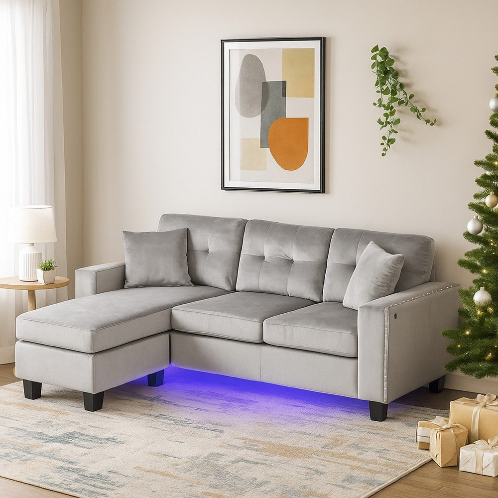 Renza 74" Reversible Sectional Sofa w Chaise | LED | USB | Gray Velvet