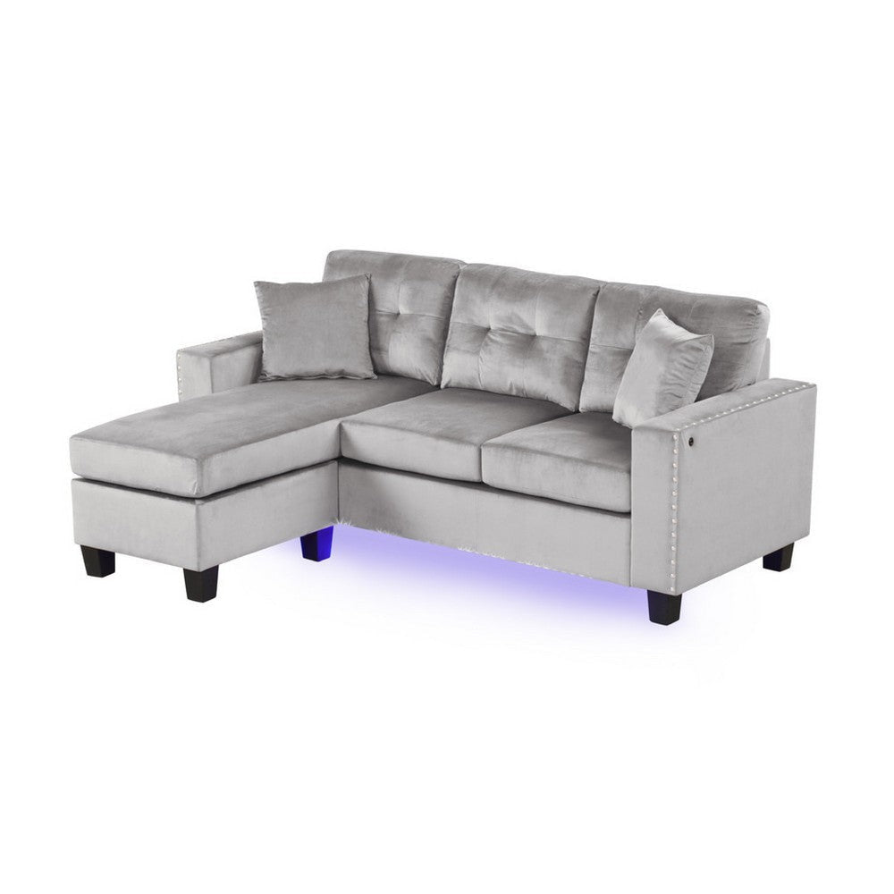 Renza 74" Reversible Sectional Sofa w Chaise | LED | USB | Gray Velvet