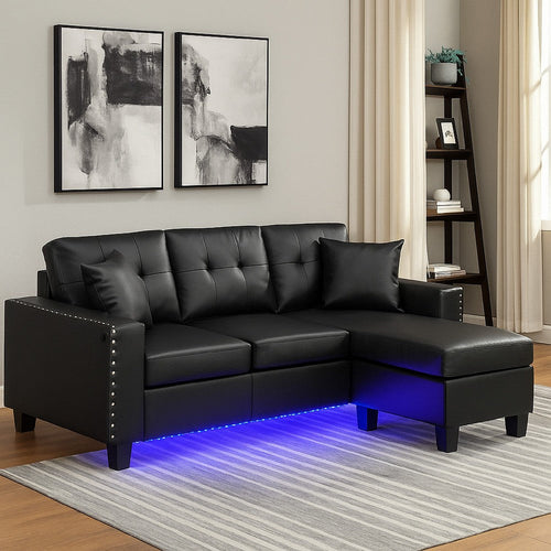 Renza Sectional Sofa Chaise with LED Lights | 2 Pillows | Black 74"