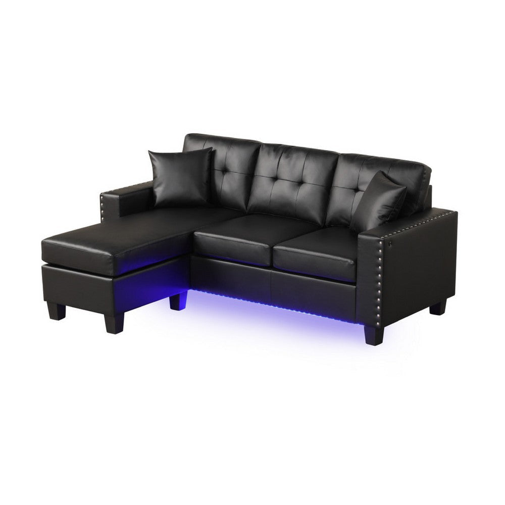 Renza Sectional Sofa Chaise with LED Lights | 2 Pillows | Black 74"