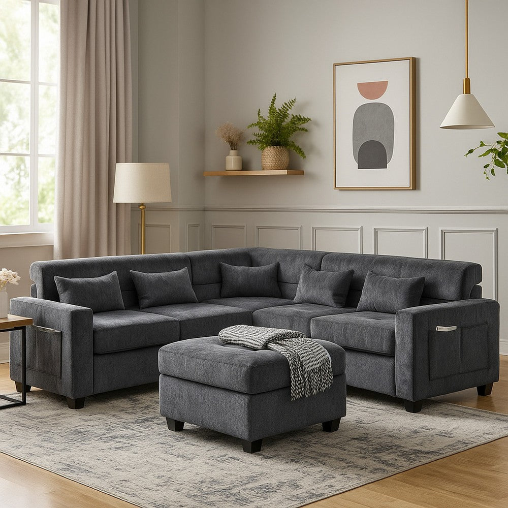 Reyna Sectional Sofa w Ottoman | Adjustable Back| Gray Chenille | 115"