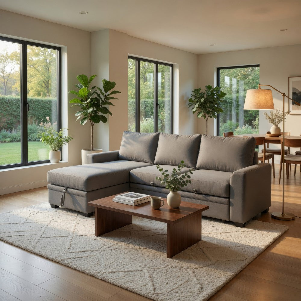 Nami Sleeper Sectional with Storage Chaise | Brown Flannel | 91"