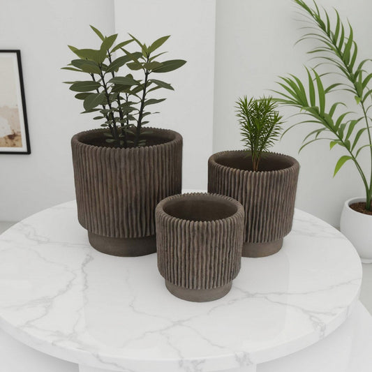Zeri 3pc Planter Set | Ribbed Grooved Brown Terracotta | 8,10,12"