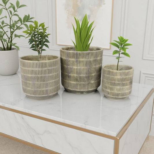 Zeri 3pc Planter Set | Ribbed Grooved Gray Terracotta | 8,10,12"