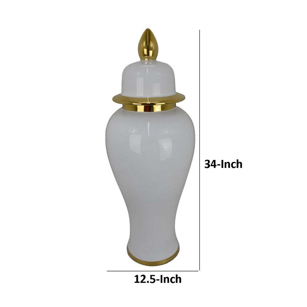 Risy Covered Jar | 34’’ | Gold Finial | White Curved Ceramic Base BM334808