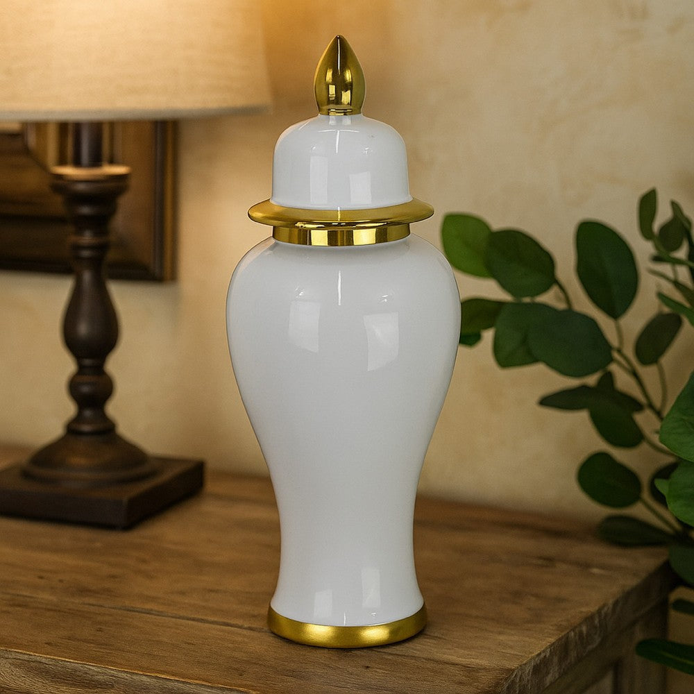 Risy Covered Jar | 34" | Gold Finial | White Curved Ceramic Base