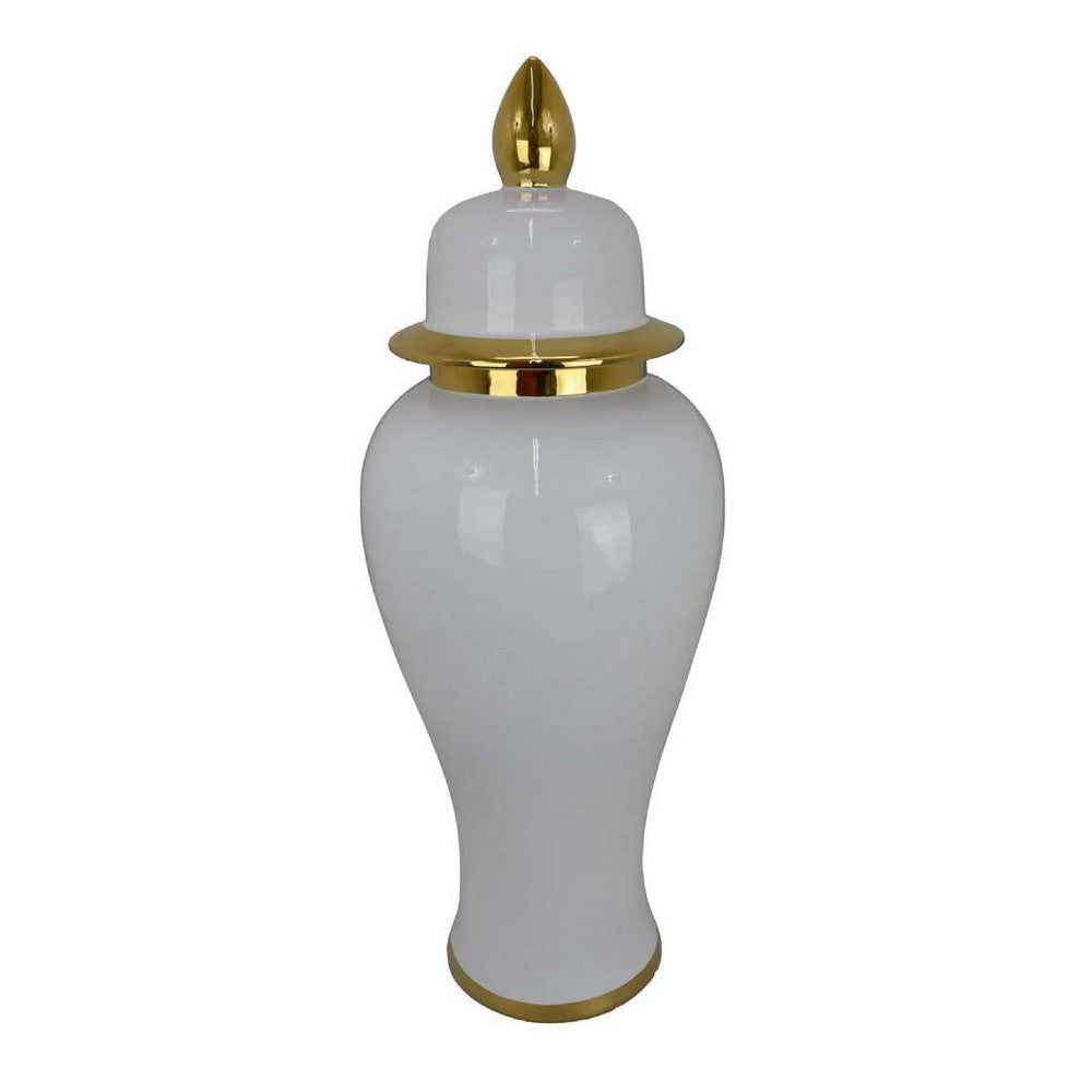 Risy Covered Jar | 34" | Gold Finial | White Curved Ceramic Base