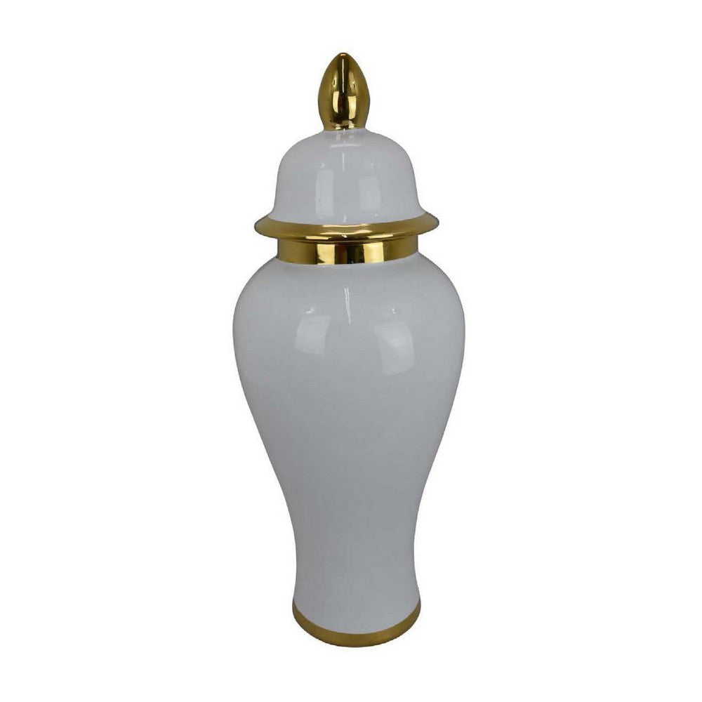 Risy Covered Jar | 24" | Gold Finial | White Curved Ceramic Base