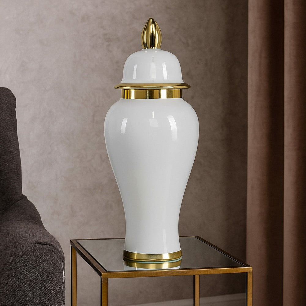 Risy Covered Jar | 24" | Gold Finial | White Curved Ceramic Base