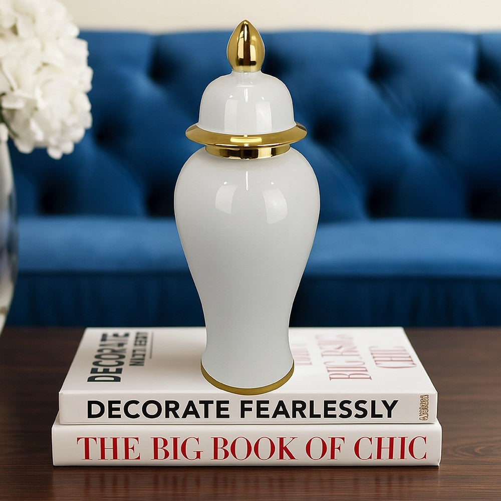 Risy Covered Jar | 17" | Gold Finial | White Curved Ceramic Base