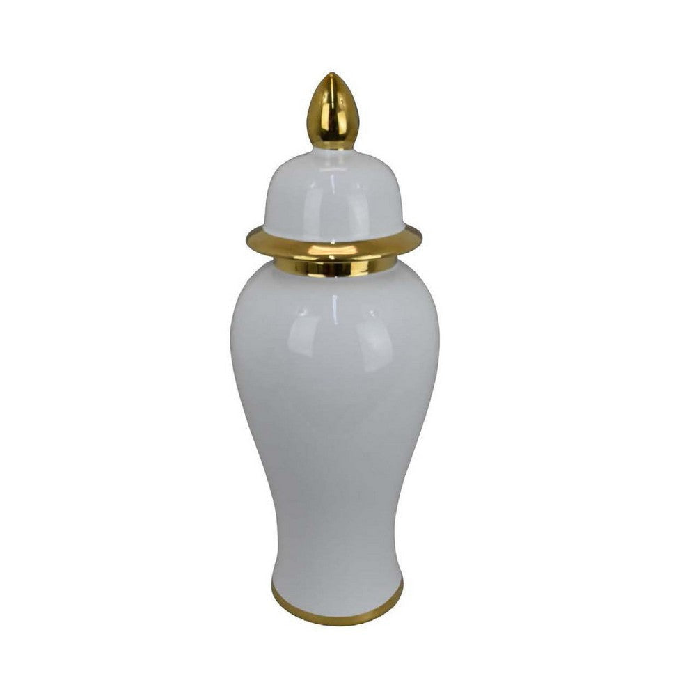Risy Covered Jar | 17" | Gold Finial | White Curved Ceramic Base