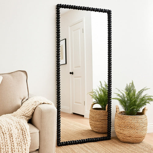Perz Floor Mirror | 72" | Rectangular Shaped Black Beaded Wood Frame