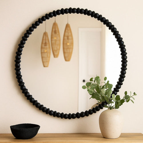 Perz Wall Mirror | 36" | Round Shape with Black Beaded Wood Frame