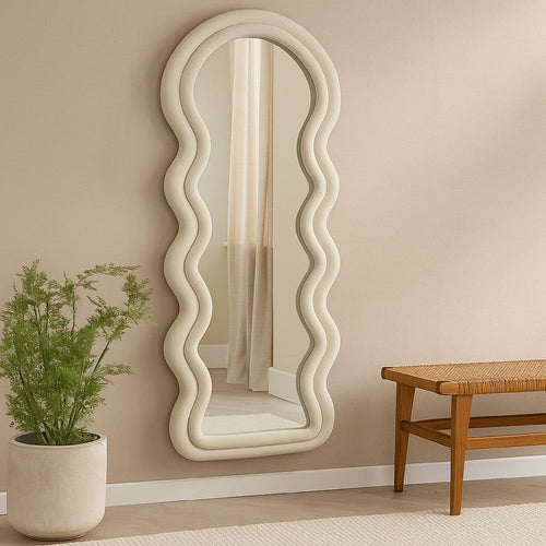 Izy Floor Mirror | 63" | Light Beige Wavy Abstract Frame | Wood