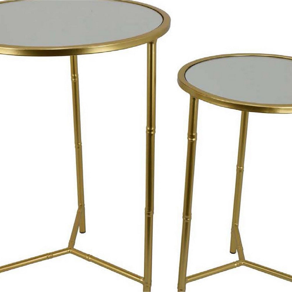 Modern Plant Stand Table Set of 2 | Round Mirror Top | Gold Metal Base BM334816