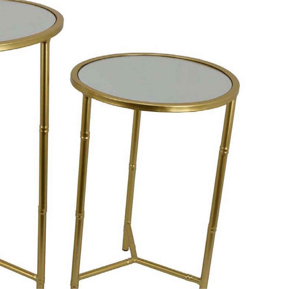 Modern Plant Stand Table Set of 2 | Round Mirror Top | Gold Metal Base BM334816