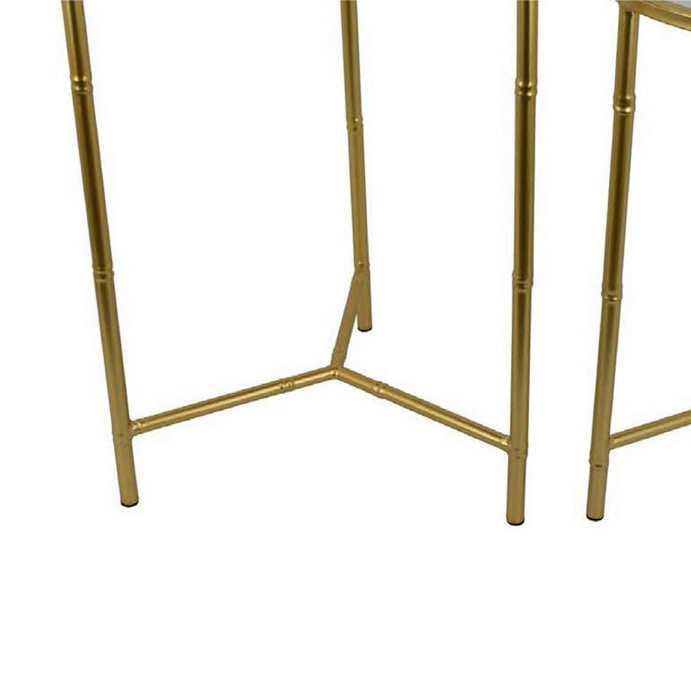Modern Plant Stand Table Set of 2 | Round Mirror Top | Gold Metal Base BM334816