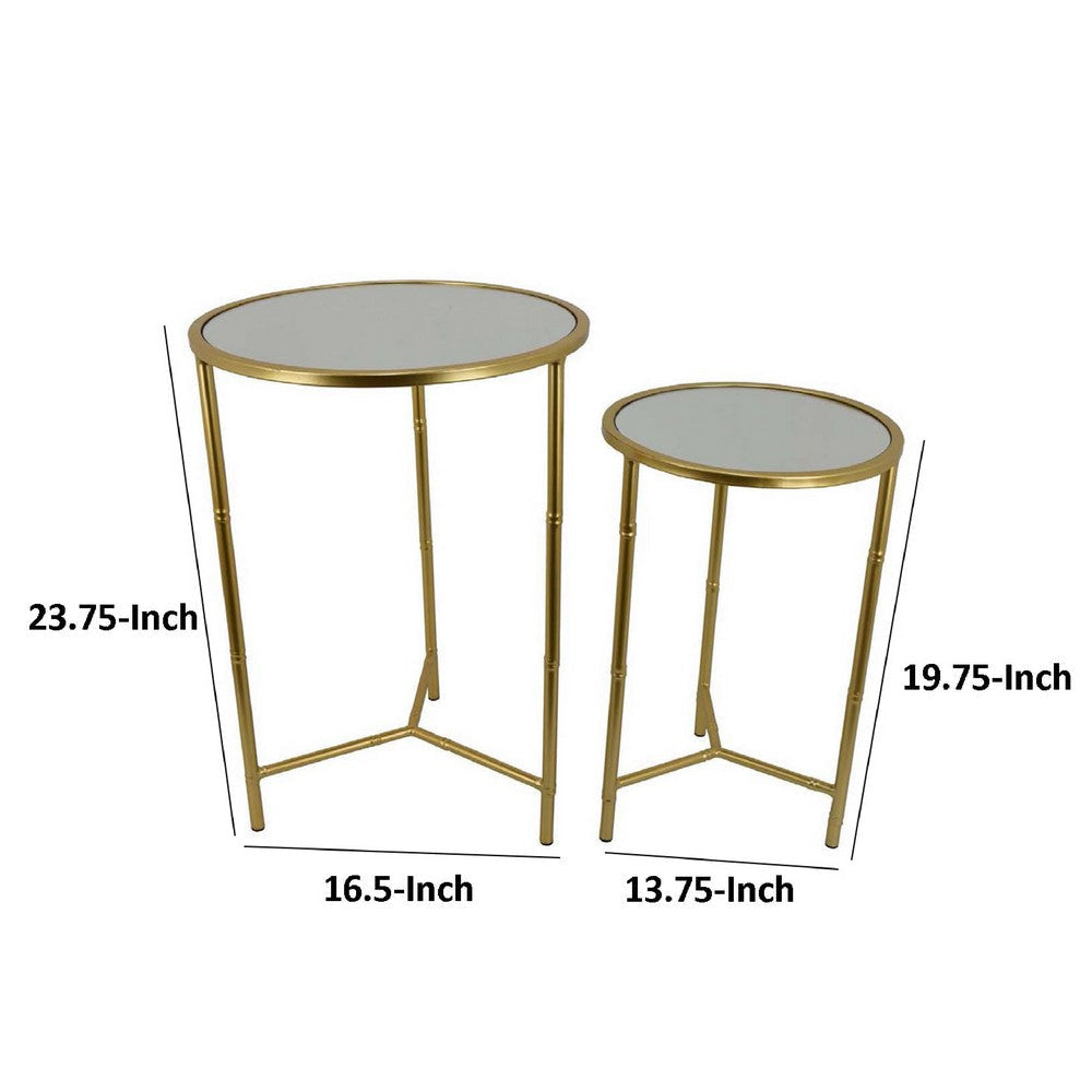 Modern Plant Stand Table Set of 2 | Round Mirror Top | Gold Metal Base BM334816