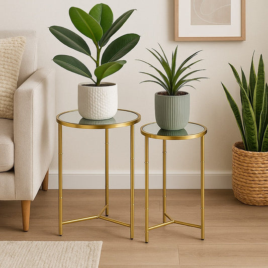 Modern Plant Stand Table Set of 2 | Round Mirror Top | Gold Metal Base