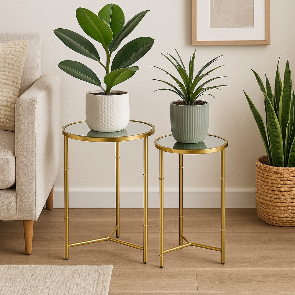 Modern Plant Stand Table Set of 2 | Round Mirror Top | Gold Metal Base