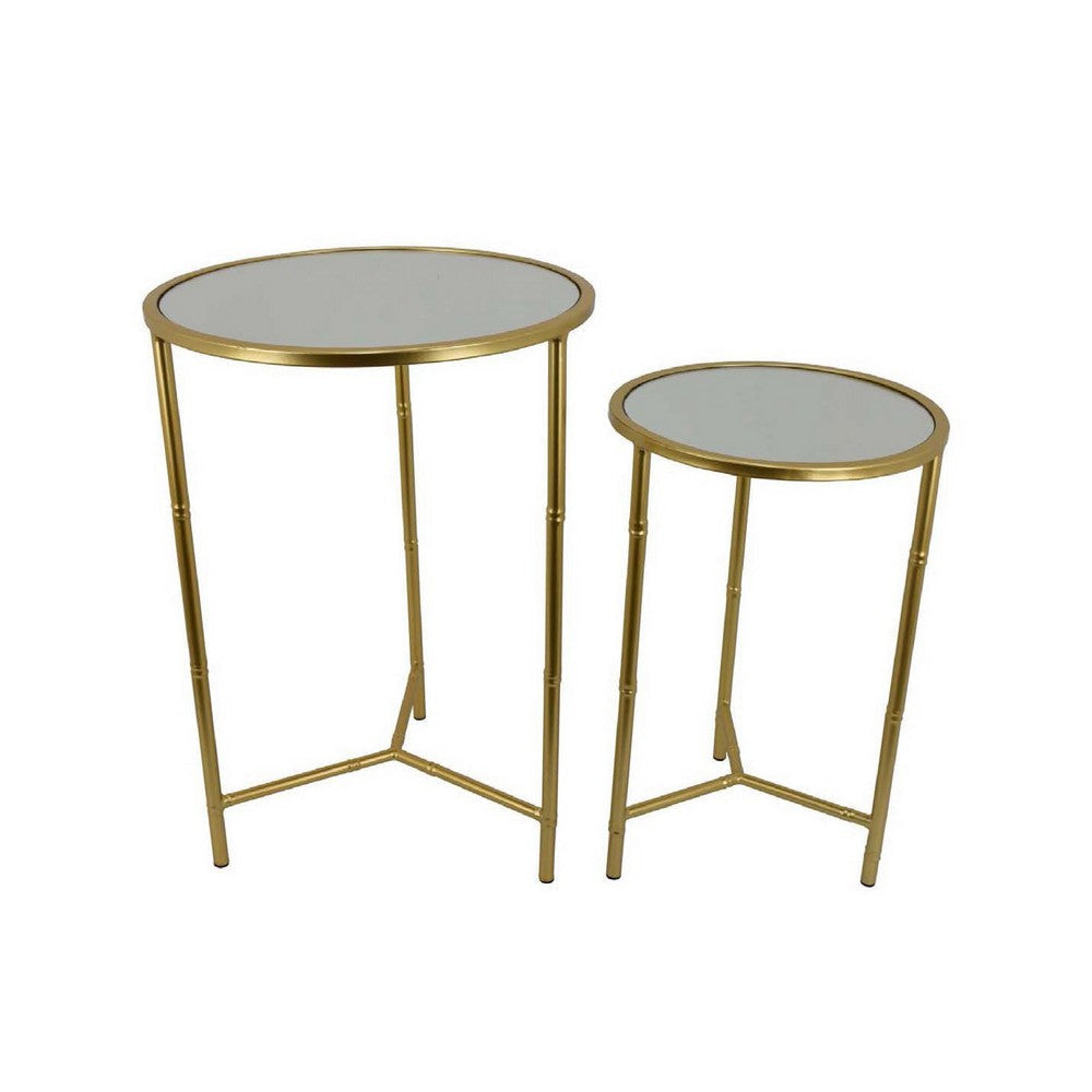 Modern Plant Stand Table Set of 2 | Round Mirror Top | Gold Metal Base