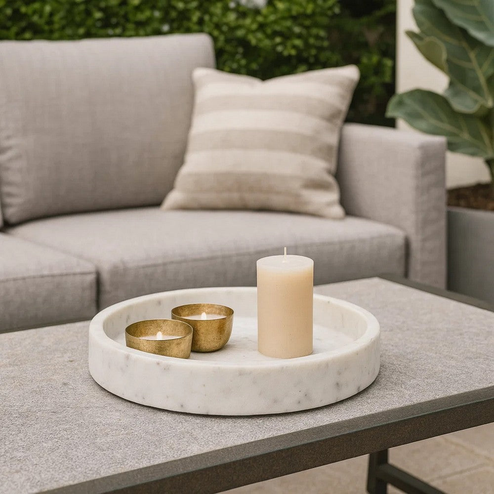 Accent Decorative Bowl | Tray Edge Antique Style White Marble | 13"