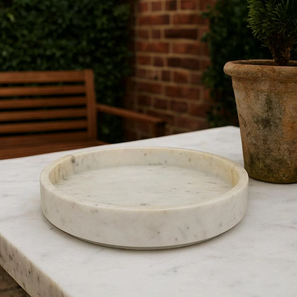 Accent Decorative Bowl | Tray Edge Antique Style White Marble | 13"