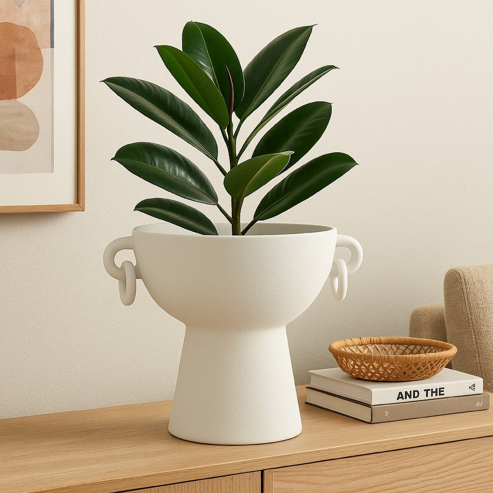 Decorative Bowl Planter | 2 Round Handles | Modern White Ceramic 14"