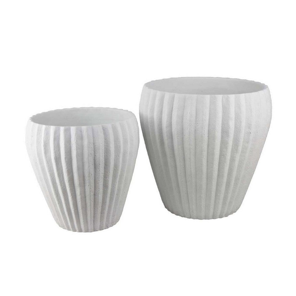 Accent Bowl Planter Set of 2 | Ribbed Edges White Terracotta, 14", 11"