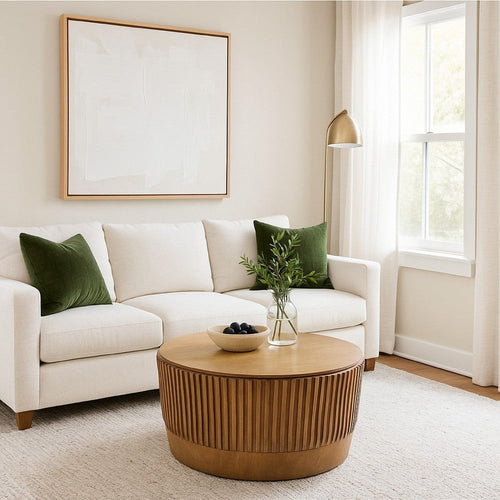 Modern Storage Coffee Table | 31" Round Lift Top | Dark Brown Wood