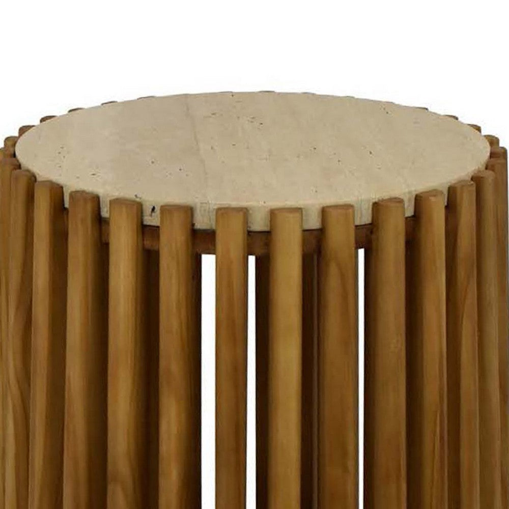 Gexy Side End Table | 18’’ Marble Top | Slatted Drum Base | Brown BM334845
