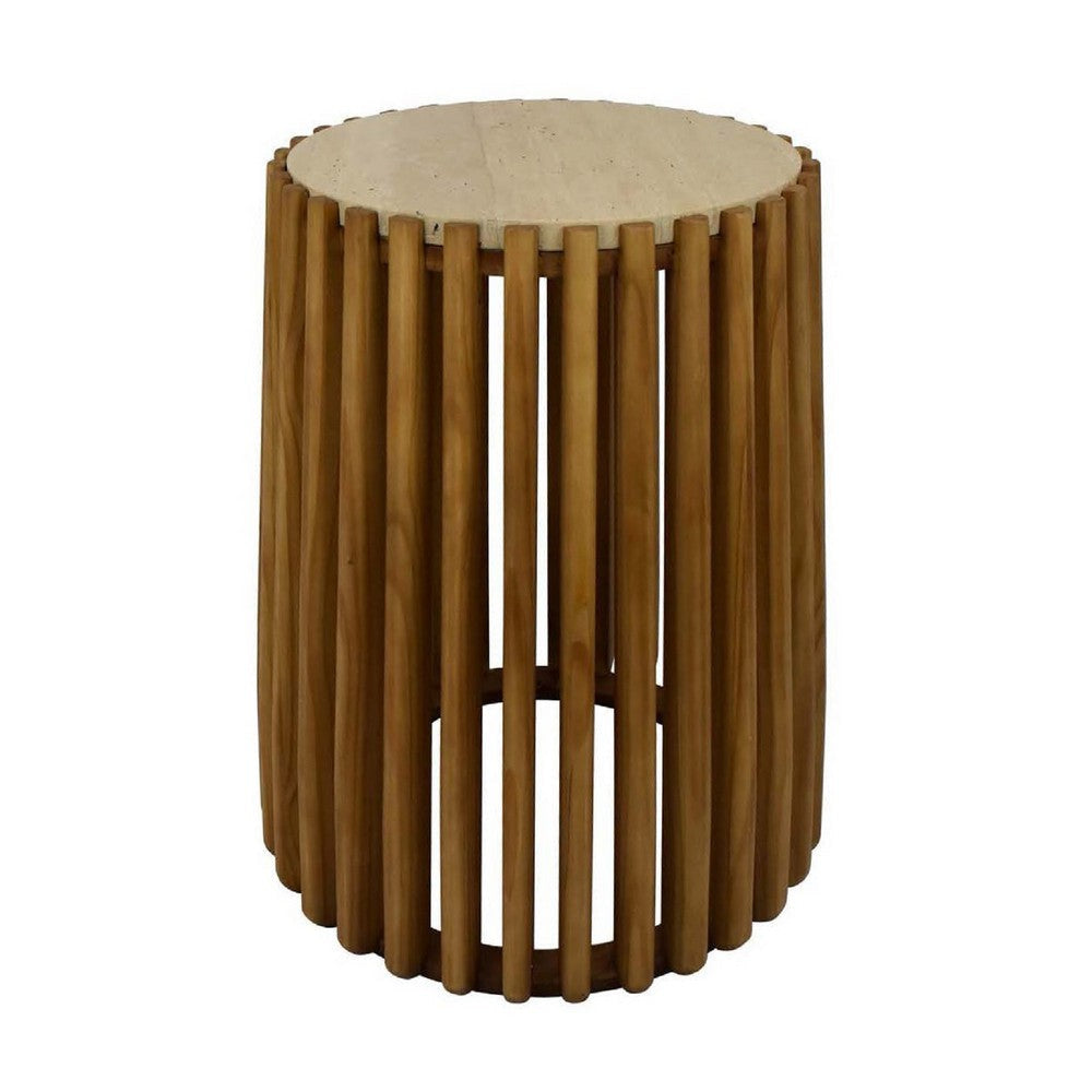 Gexy Side End Table | 18" Marble Top | Slatted Drum Base | Brown