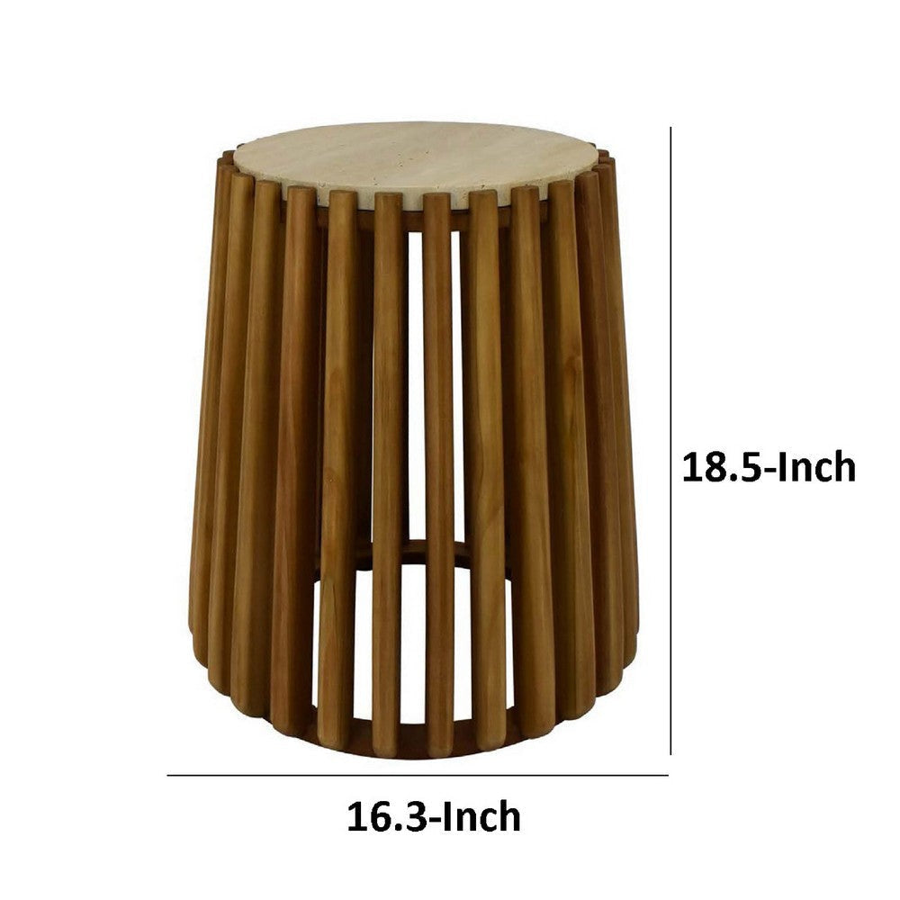 Gexy Side End Table | 16’’ Marble Top | Slatted Drum Base | Brown BM334846