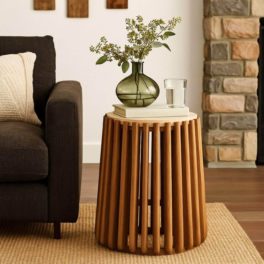 Gexy Side End Table | 16" Marble Top | Slatted Drum Base | Brown