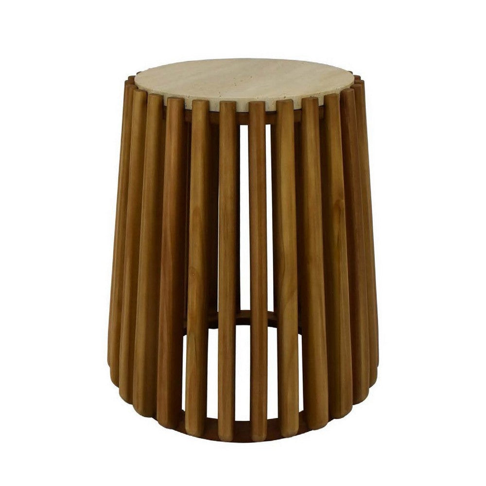 Gexy Side End Table | 16" Marble Top | Slatted Drum Base | Brown