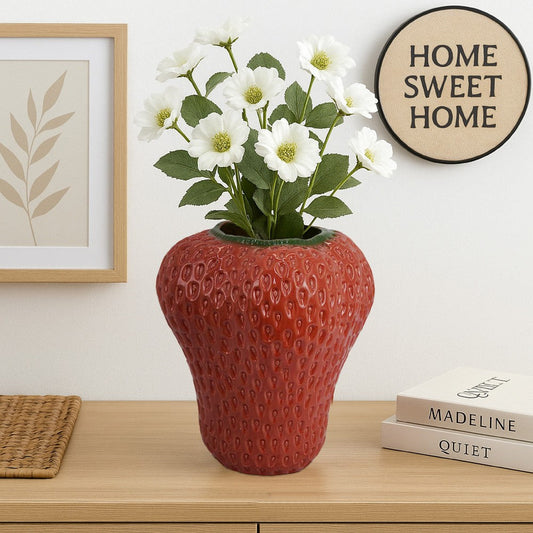 Kema Decorative Flower Vase | Strawberry Accent | 15" Red Ceramic
