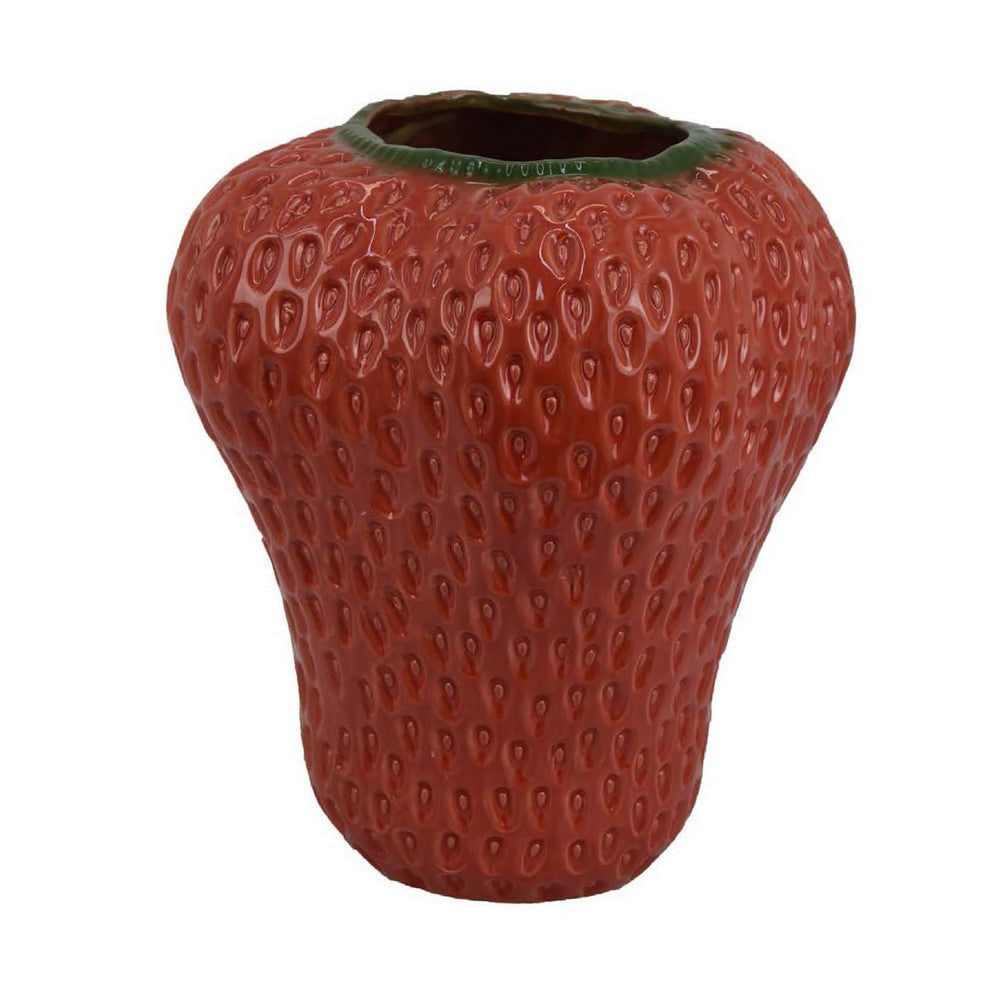 Kema Decorative Flower Vase | Strawberry Accent | 15" Red Ceramic