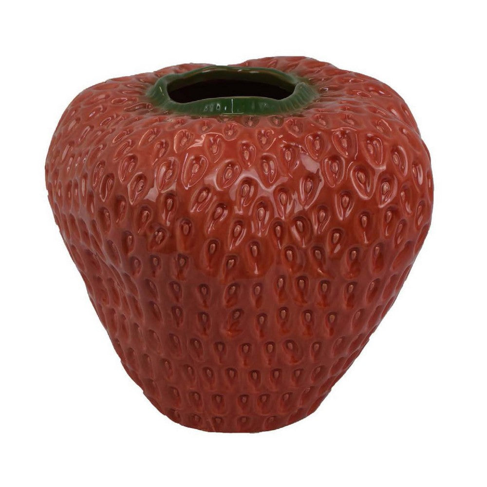 Kema Decorative Flower Vase | Strawberry Accent | 13" Red Ceramic