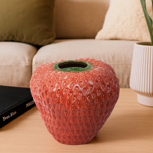 Kema Decorative Flower Vase | Strawberry Accent | 13" Red Ceramic
