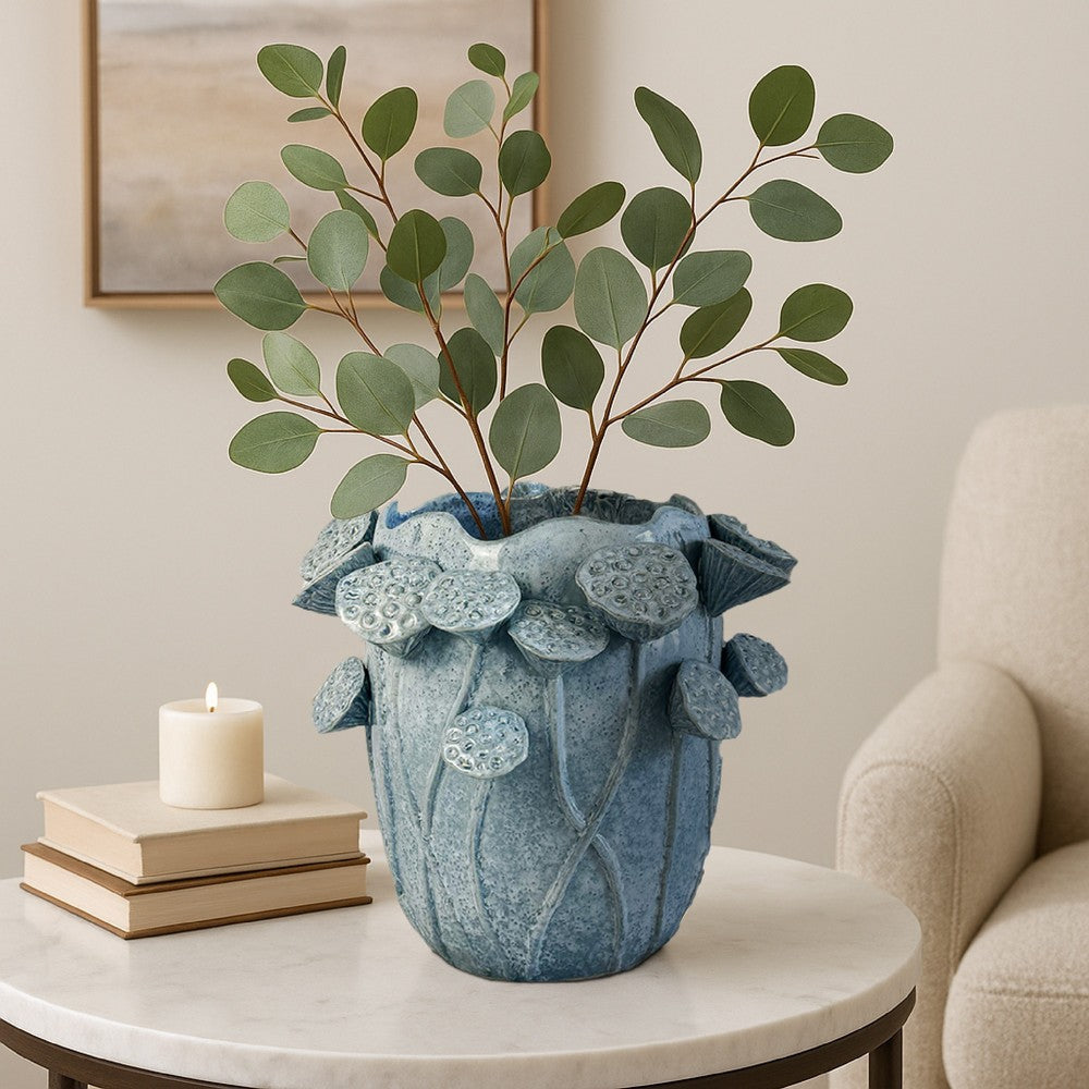 Ro Decorative Vase | Textured Lotus Accents | Blue Ceramic 12"
