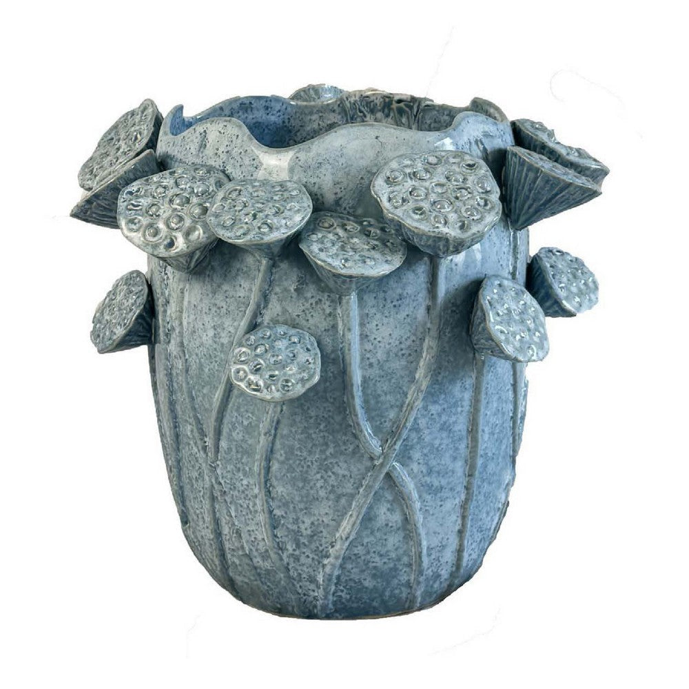Ro Decorative Vase | Textured Lotus Accents | Blue Ceramic 12"