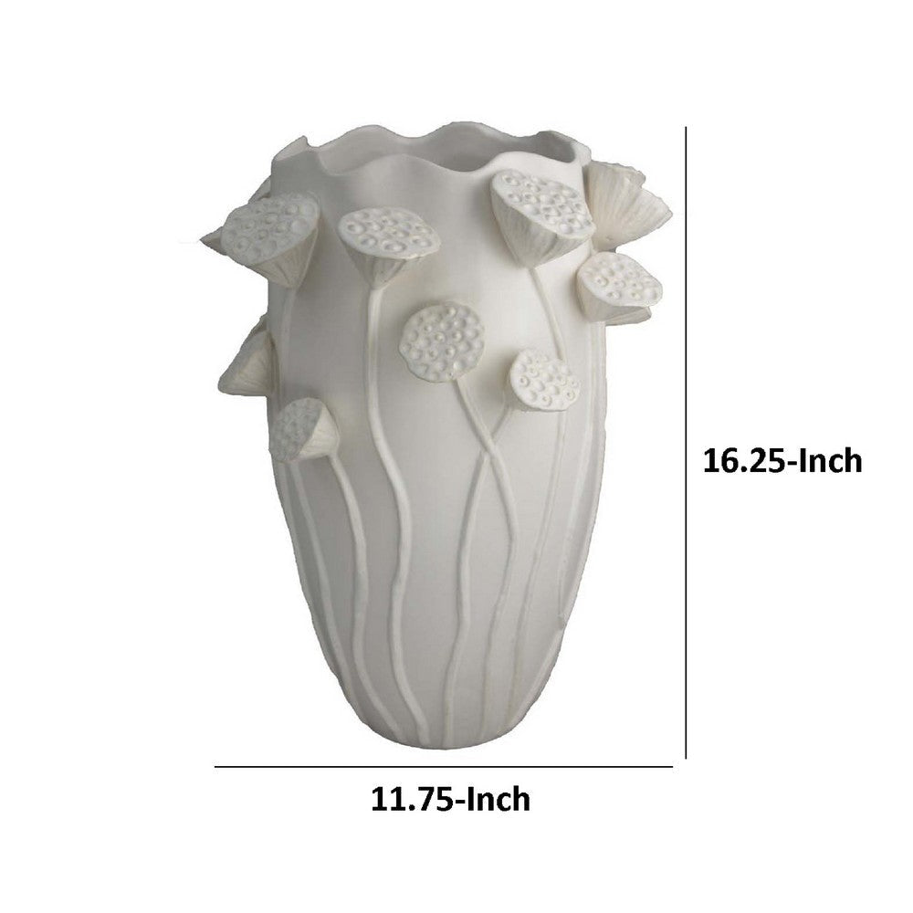 Ro Decorative Vase | Textured Lotus Accents | White Ceramic 16’’