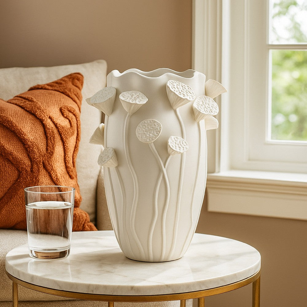 Ro Decorative Vase | Textured Lotus Accents | White Ceramic 16"