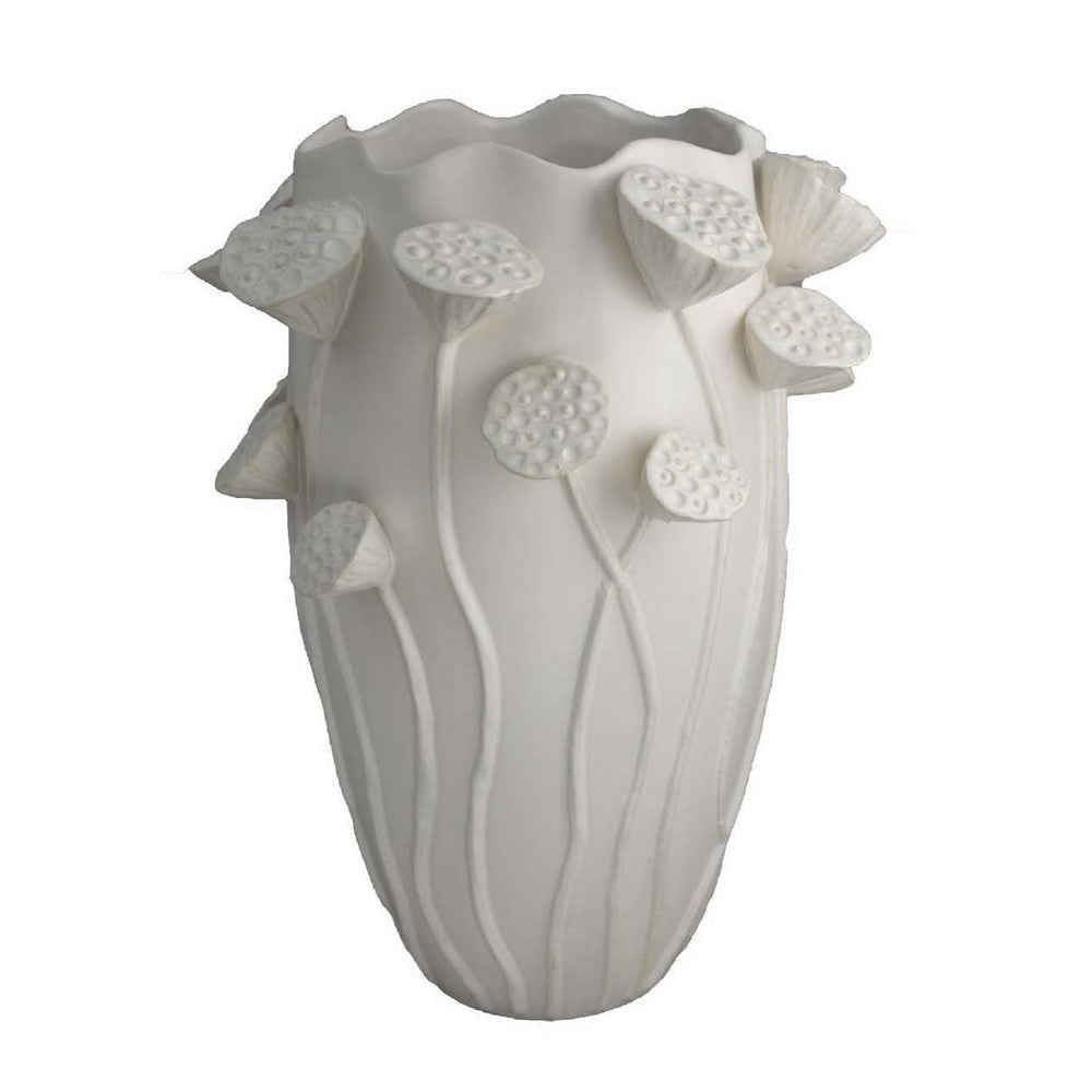 Ro Decorative Vase | Textured Lotus Accents | White Ceramic 16"