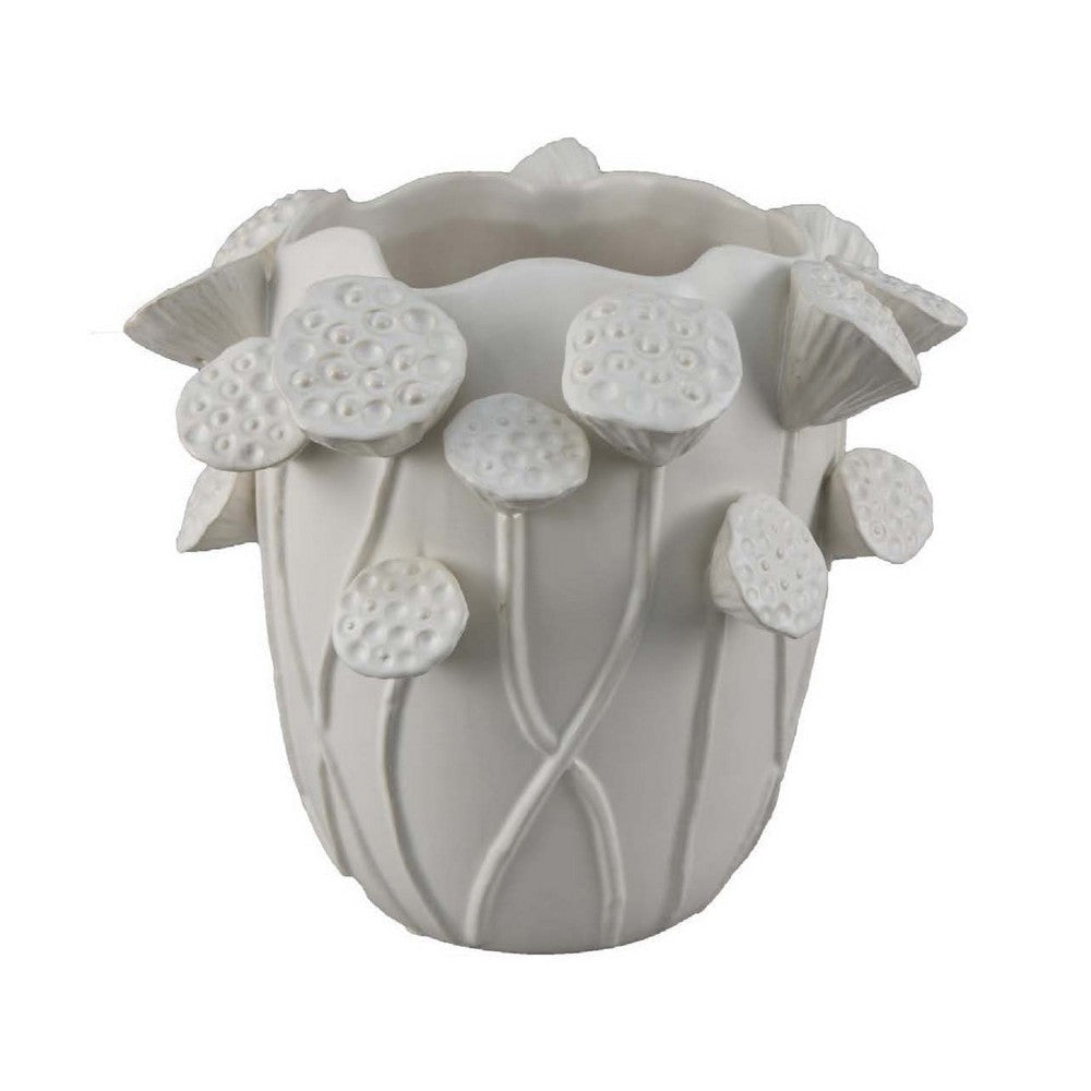 Ro Decorative Vase | Textured Lotus Accents | White Ceramic 12"